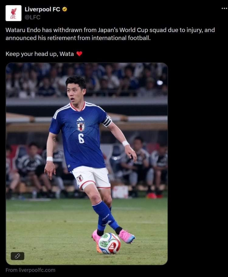 远藤航伤别世界杯并退出国家队,利物浦社媒:振作起来