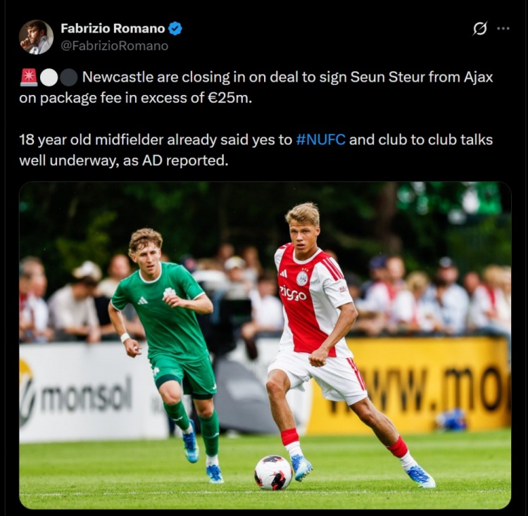 罗马诺：纽卡2500万欧元敲定阿贾克斯18岁中场斯图尔