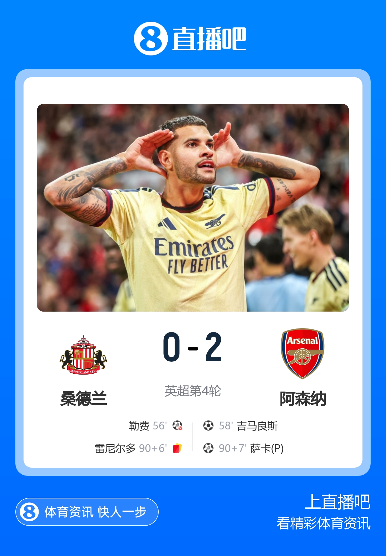 全胜！阿森纳2-0桑德兰 吉马良斯世界波斩处子球拉亚扑点+屡神扑