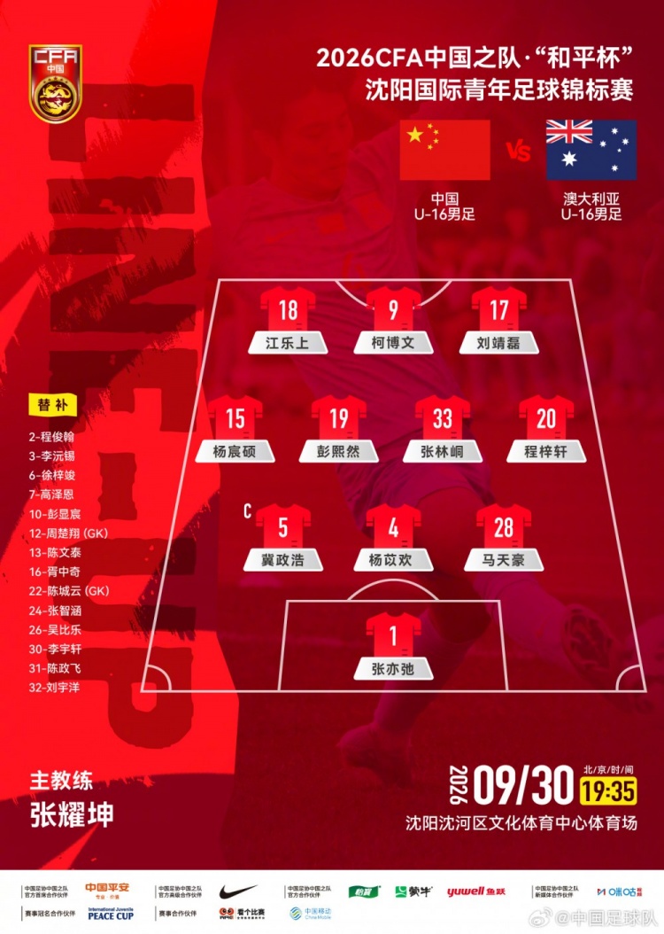 “和平杯”中国U16男足vs澳大利亚U16男足首发阵容公布! “和平杯”中国U16男足vs澳大利亚U16男足首发阵容公布!